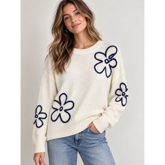 Cynthia Rowley Sweaters - NWT 100% 2-Ply Cashmere Cynthia Rowley Cream Sweater Navy Floral Size XL